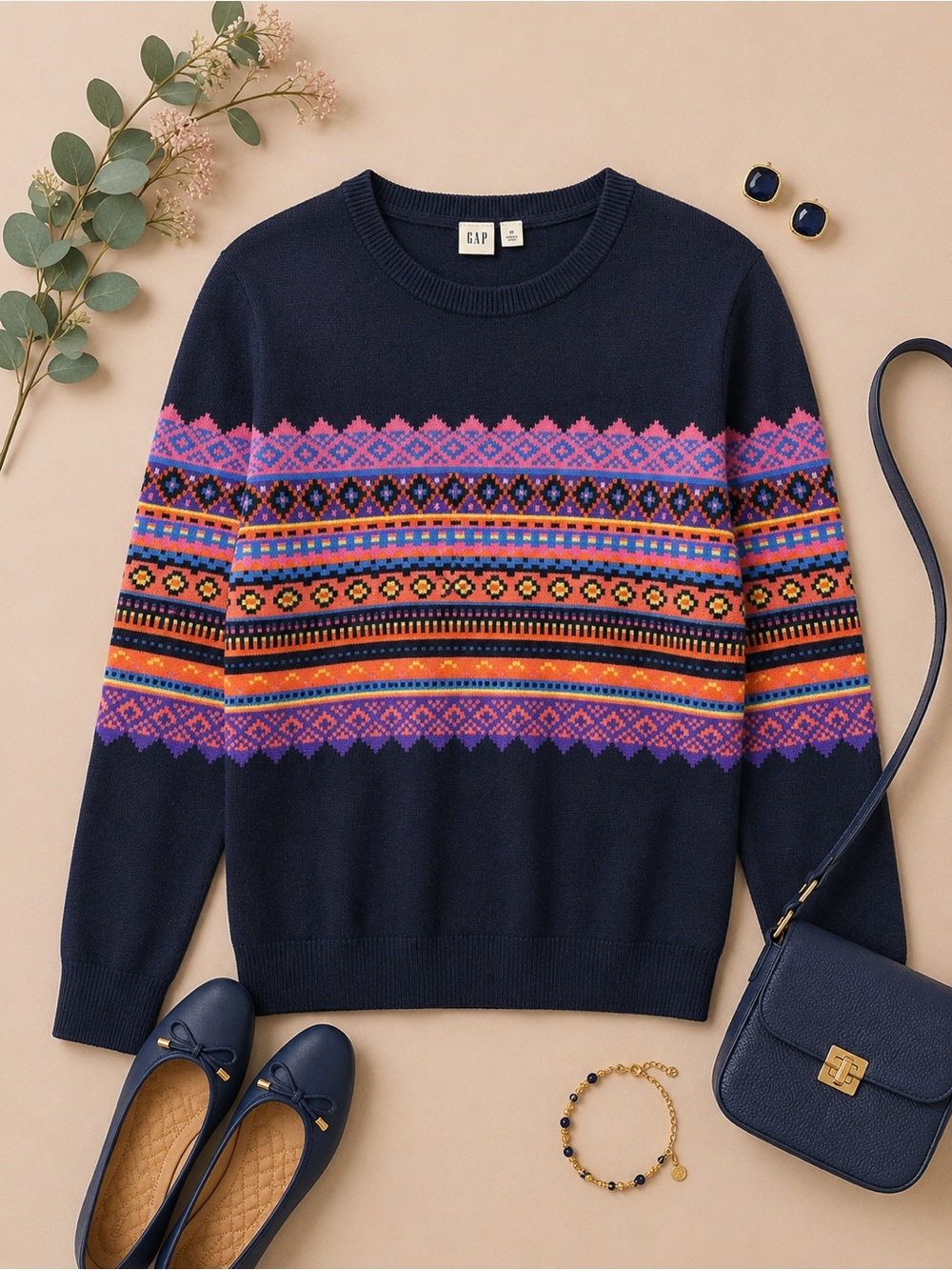 Gap Navy Fair Isle Print Crewneck Sweater Size Medium